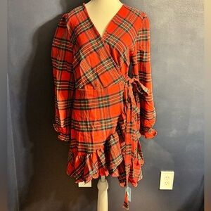 Red Plaid Wrap Dress with Ruffle Hem
